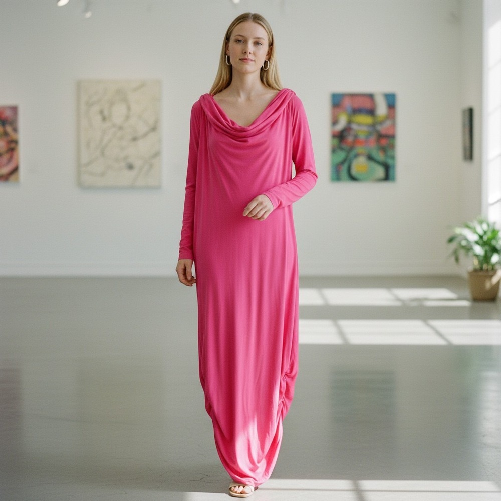 Hot Pink Cowl Neck Ruched Maxi Dress Long Sleeve 5XL
